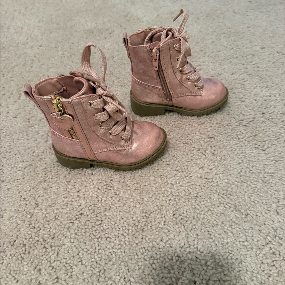 Sugar Pink Metallic Lace-Up Kids Ankle Boots with Side Zipper